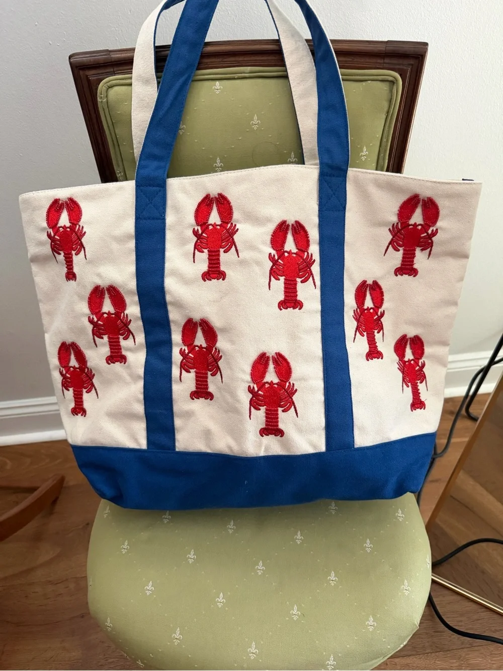Canvas Lobster Tote Bag in White & Blue